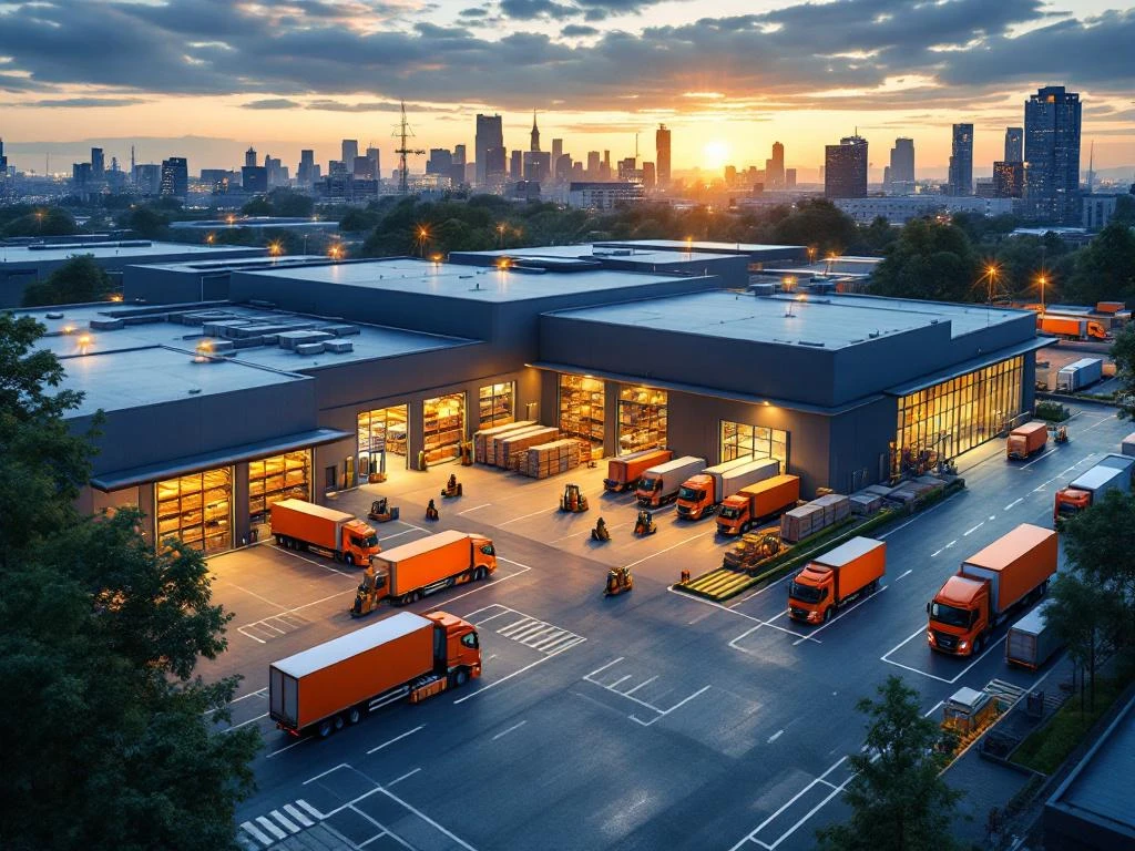 Luchtfoto van moderne logistieke warehouse in Utrecht met oranje en blauwe vrachtwagens, heftrucks en bezorgactiviteit