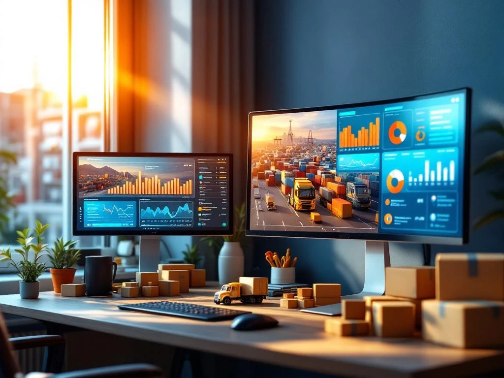 Moderne thuiswerkplek met meerdere monitoren die logistieke dashboards en verzendroutes tonen, met miniatuur containers