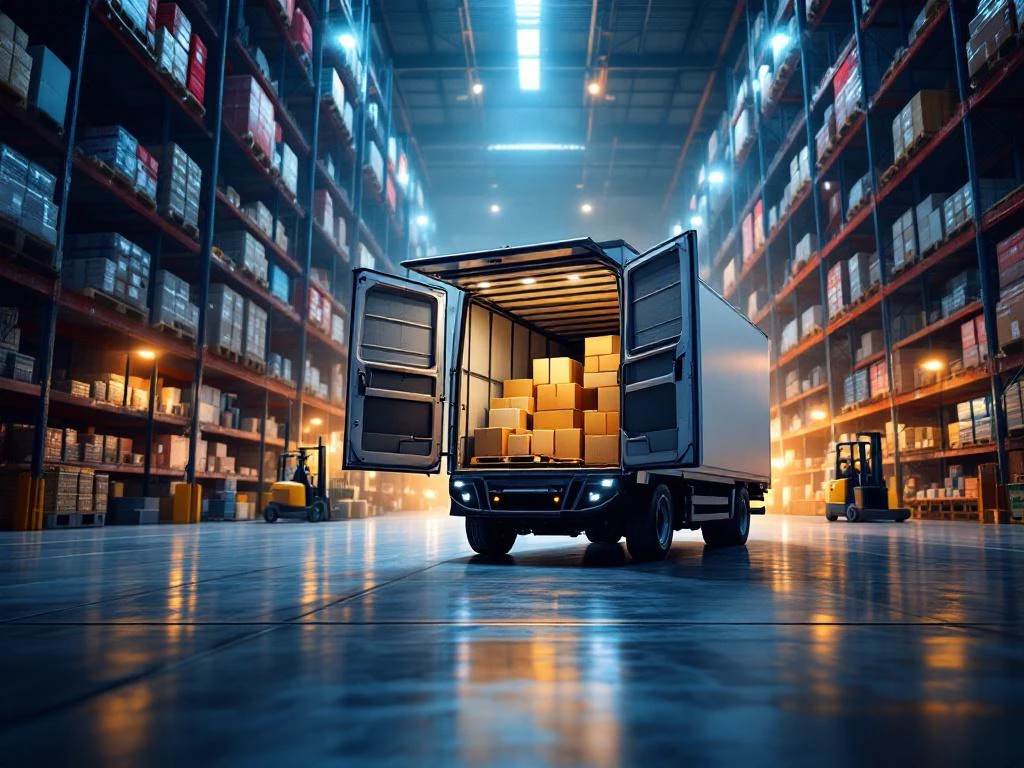 Moderne bezorgwagen met open laaddeuren in drukke logistieke magazijn met hoge stellingen en vorkheftruck