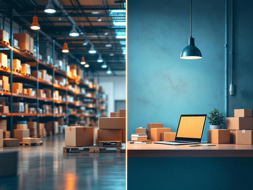 Gesplitste weergave van moderne logistieke werkplek versus zelfstandige ZZP-werkruimte met laptop en verzendmaterialen