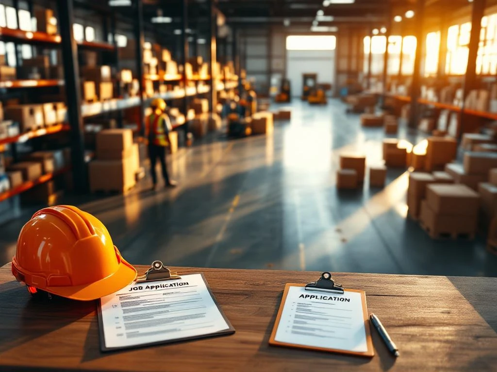 Sollicitatieformulieren op klembord naast helm en veiligheidsvest in moderne logistieke magazijn met stellingen
