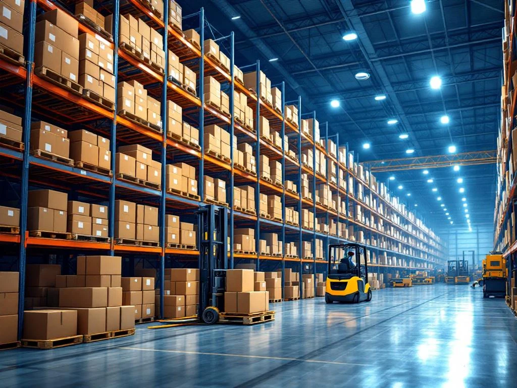 Moderne magazijnhal met hoge stellages vol dozen, vorkheftruck op voorgrond en transportbanden, industriële verlichting