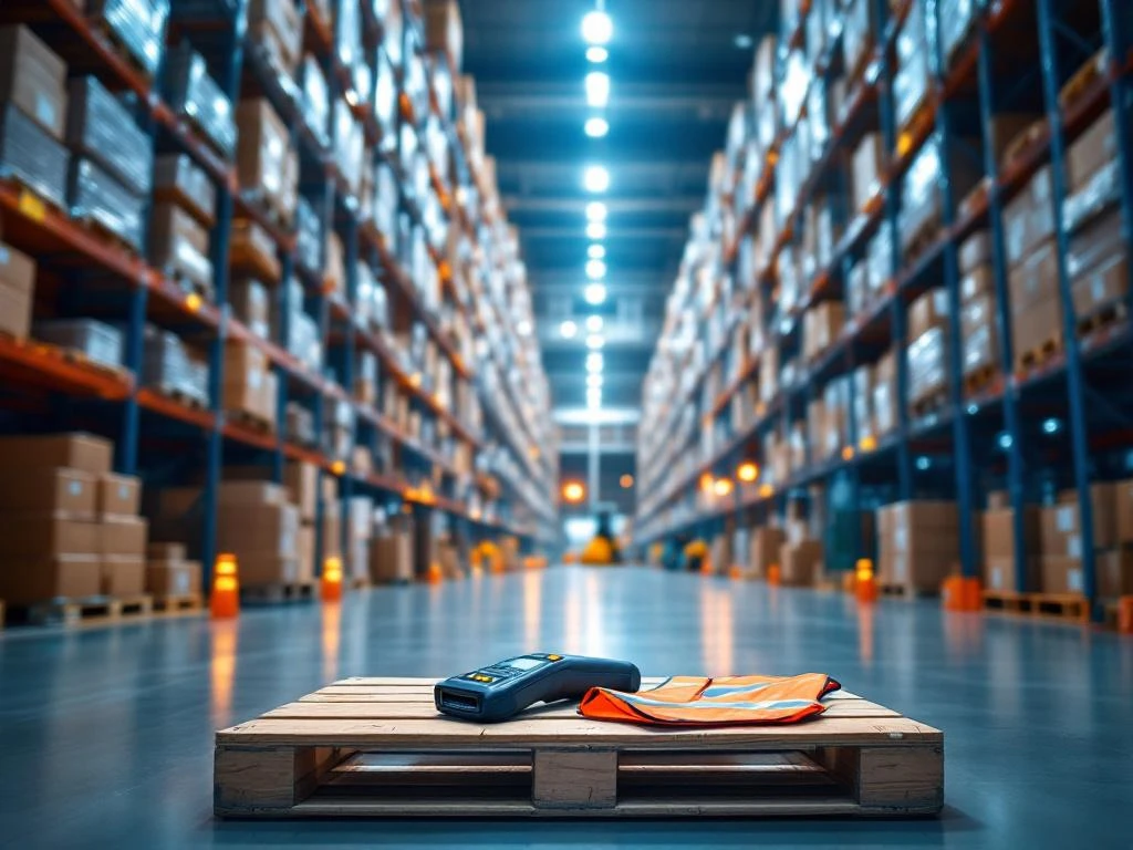 Magazijninterieur met hoge rekken vol dozen, scanner en veiligheidsvest op pallet, transportbanden op achtergrond