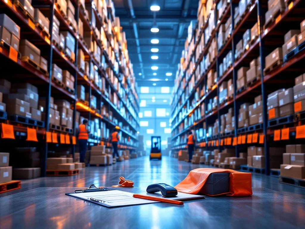 Moderne logistieke magazijnoperaties met georganiseerde stellingen, scanner, veiligheidsvesten en heftruck in industriële omgeving