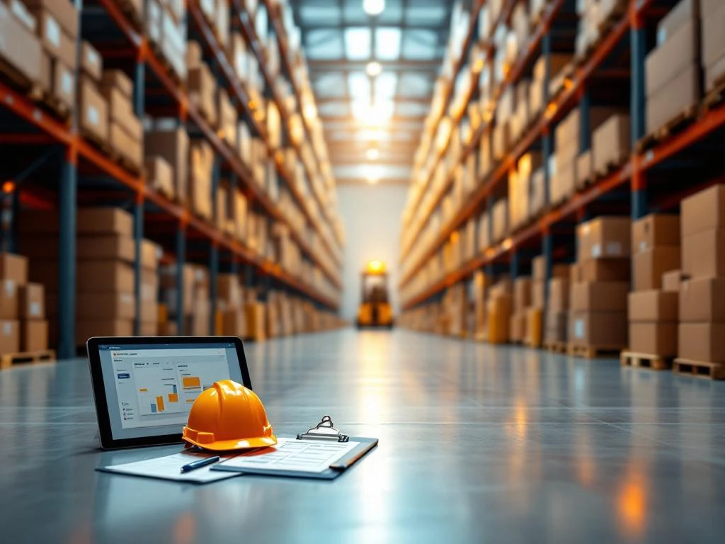 Magazijninterieur met hoge stellingen vol pakketten, tablet met verzendroutes, helmen en logistieke apparatuur op voorgrond