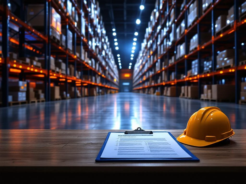 Magazijn interieur met hoge stellingen vol pakketten, klembord met documenten en veiligheidshelm op bureau voor werknemersrechten