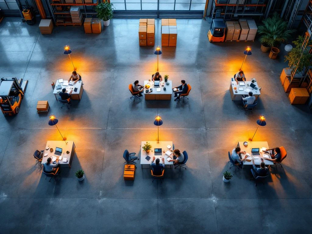 Moderne magazijnvloer met vijf werkstations die verschillende contracttypes tonen: vast, tijdelijk, flexibel, deeltijd en freelance