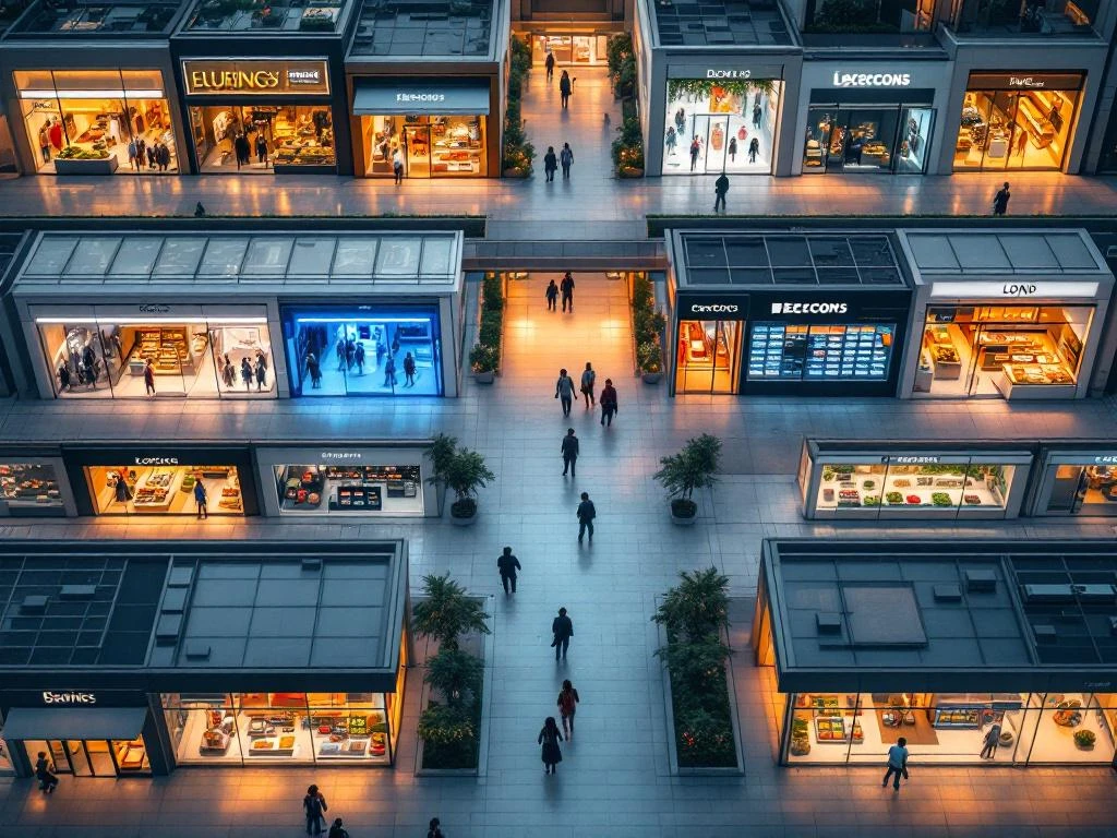 Luchtfoto van moderne winkelstraat met diverse winkels rond centrale looproute, van mode tot elektronica