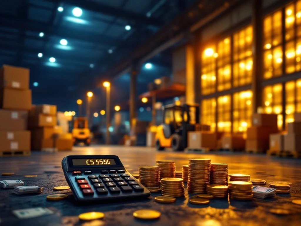Calculator met eurosymbolen en geld in verlicht nachtelijk magazijn met vorkheftrucks en logistieke apparatuur