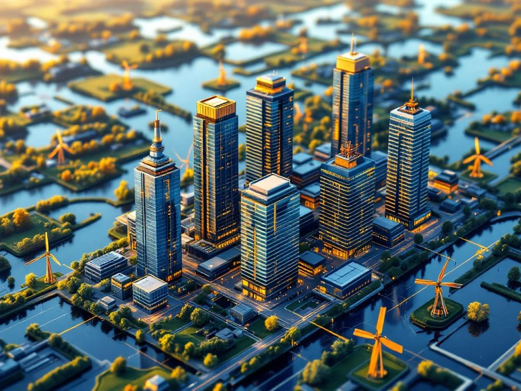 Luchtfoto van tien moderne kantoorgebouwen verspreid over Nederlands landschap met windmolens en kanalen tijdens gouden uur
