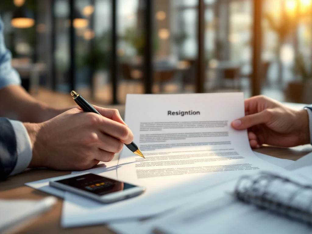 Hand boven ontslagbrief op kantoorbureau met pen en smartphone, moderne werkplek op achtergrond