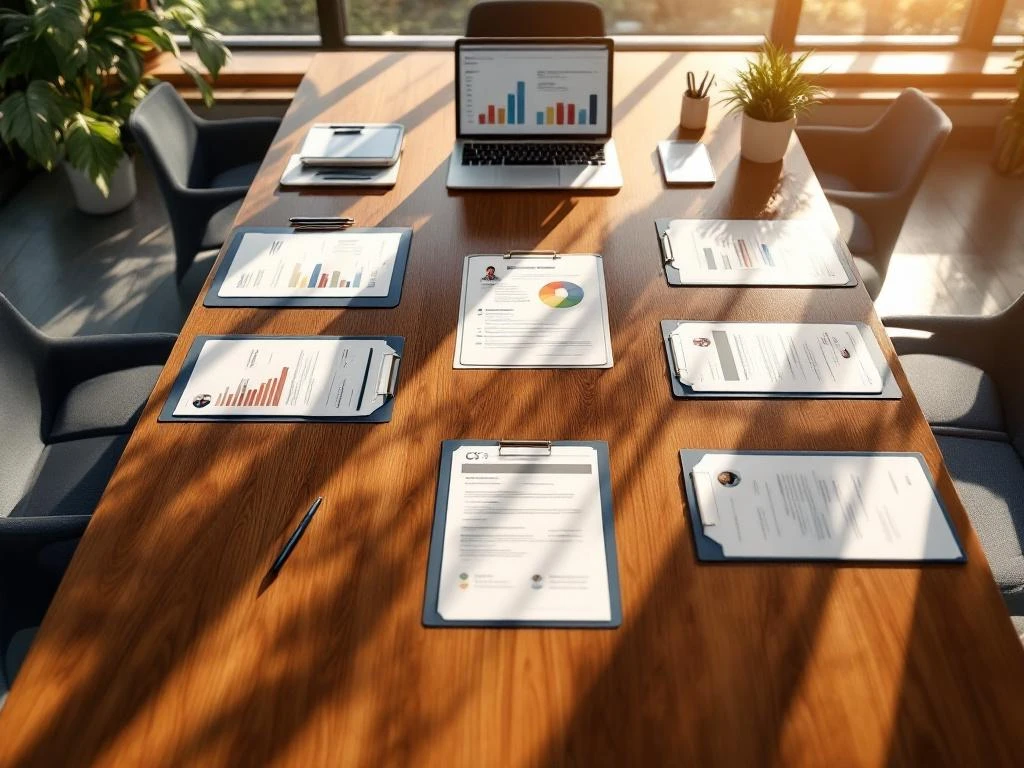 Professionele CV-mappen georganiseerd op houten vergadertafel met laptop en recruitmentanalyses in natuurlijk licht