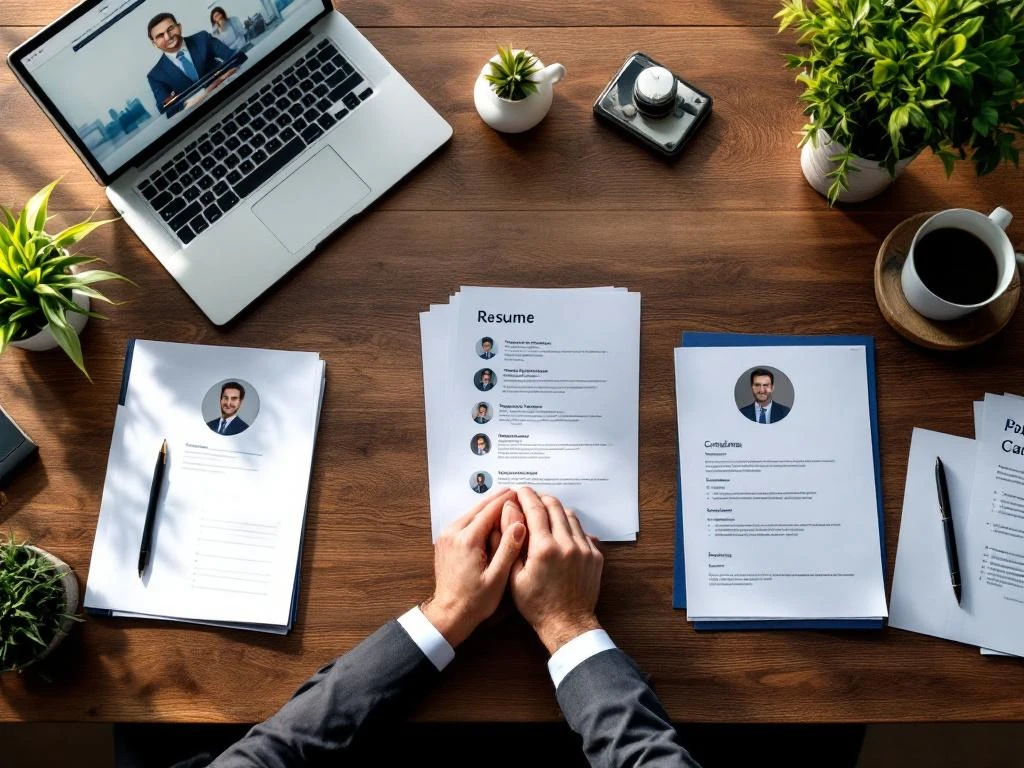 Professionele handdruk boven bureau met cv's, laptop en wervingsmaterialen in modern kantoor