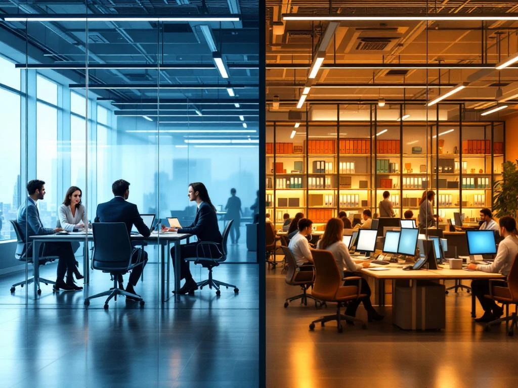 Split-screen kantooromgeving toont moderne recruitment agency links en drukke uitzendbureau rechts met professionals