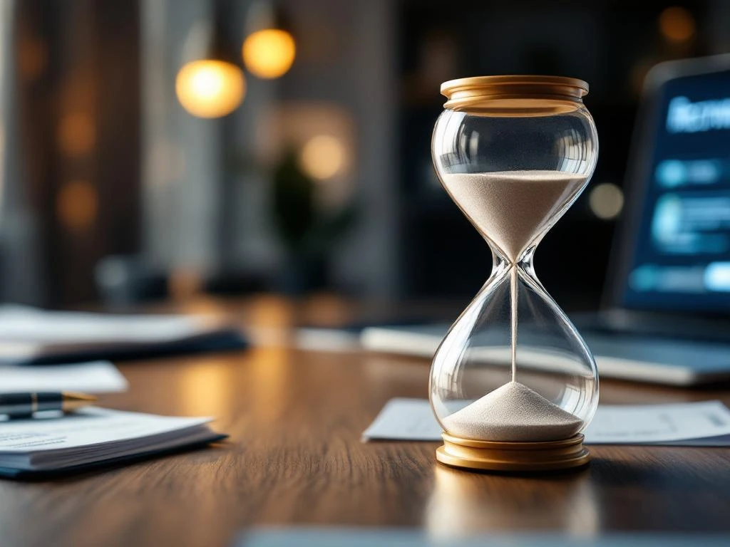 Zandloper op houten bureau met professionele documenten, pen en laptop in moderne kantooromgeving