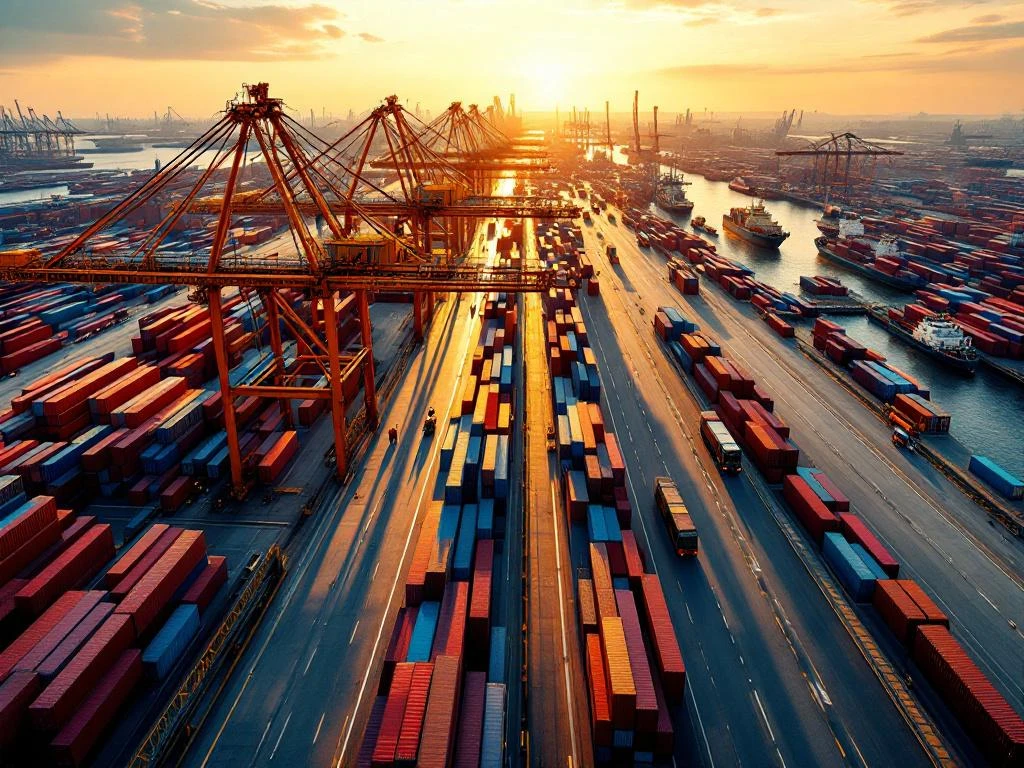 Luchtfoto van de haven van Rotterdam bij zonsondergang met containers, kranen en vrachtschepen in Europa's grootste haven