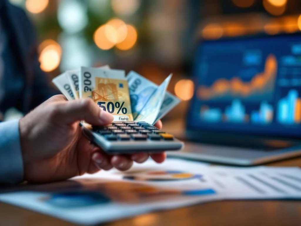 Handen met rekenmachine met percentagesymbolen op euro bankbiljetten in modern kantoor met financiële documenten