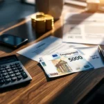 Stapels eurobankbiljetten en arbeidscontracten op modern bureau met rekenmachine en pen, professionele salarisadministratie