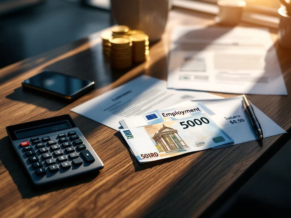 Stapels eurobankbiljetten en arbeidscontracten op modern bureau met rekenmachine en pen, professionele salarisadministratie