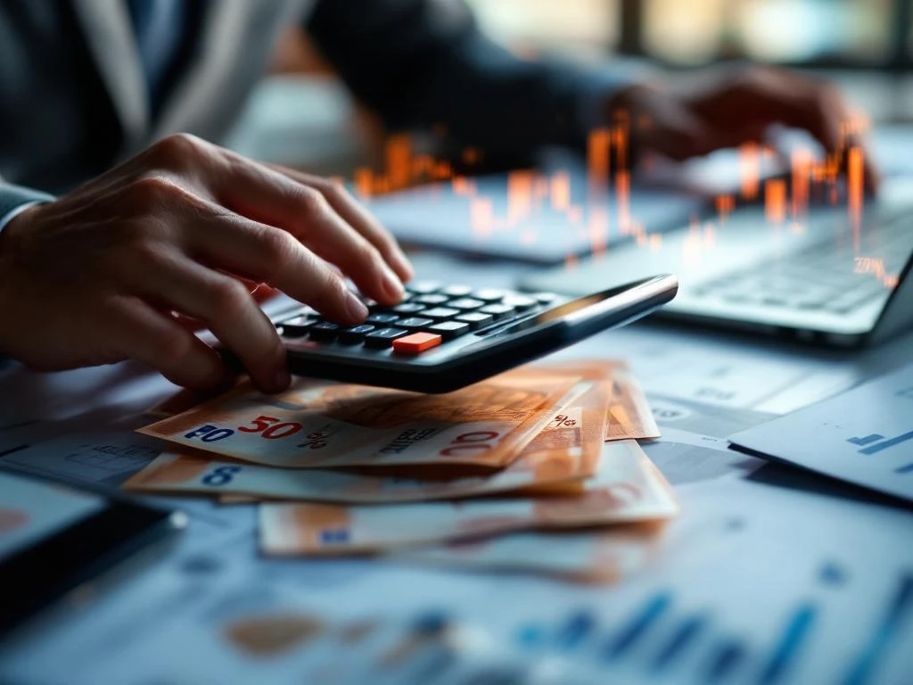 Handen met rekenmachine en eurobiljetten op bureau voor financiële berekeningen en salarisonderhandelingen