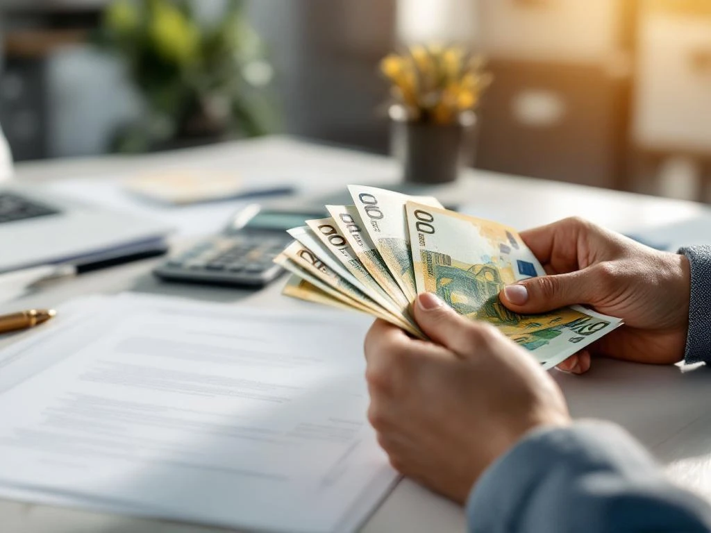 Handen houden euro bankbiljetten met rekenmachine en arbeidscontract op bureau, symboliseert salaris en uitbetaling