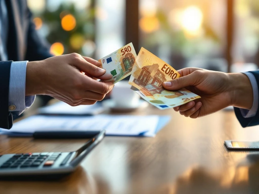 Handen die euro bankbiljetten uitwisselen op kantoorbureau met rekenmachine en arbeidscontract documenten