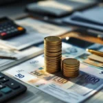 Stapels eurobiljetten van verschillende hoogtes op modern bureau met documenten, rekenmachine en pen voor salarisanalyse