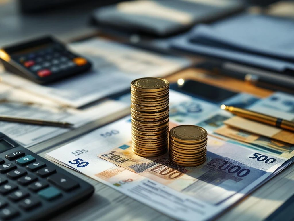 Stapels eurobiljetten van verschillende hoogtes op modern bureau met documenten, rekenmachine en pen voor salarisanalyse