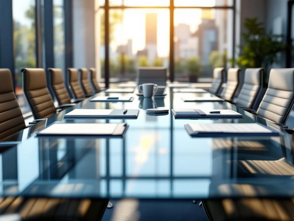 Kantoortoelen rond glazen conferentietafel met documenten, natuurlijk licht door ramen, professionele werkomgeving