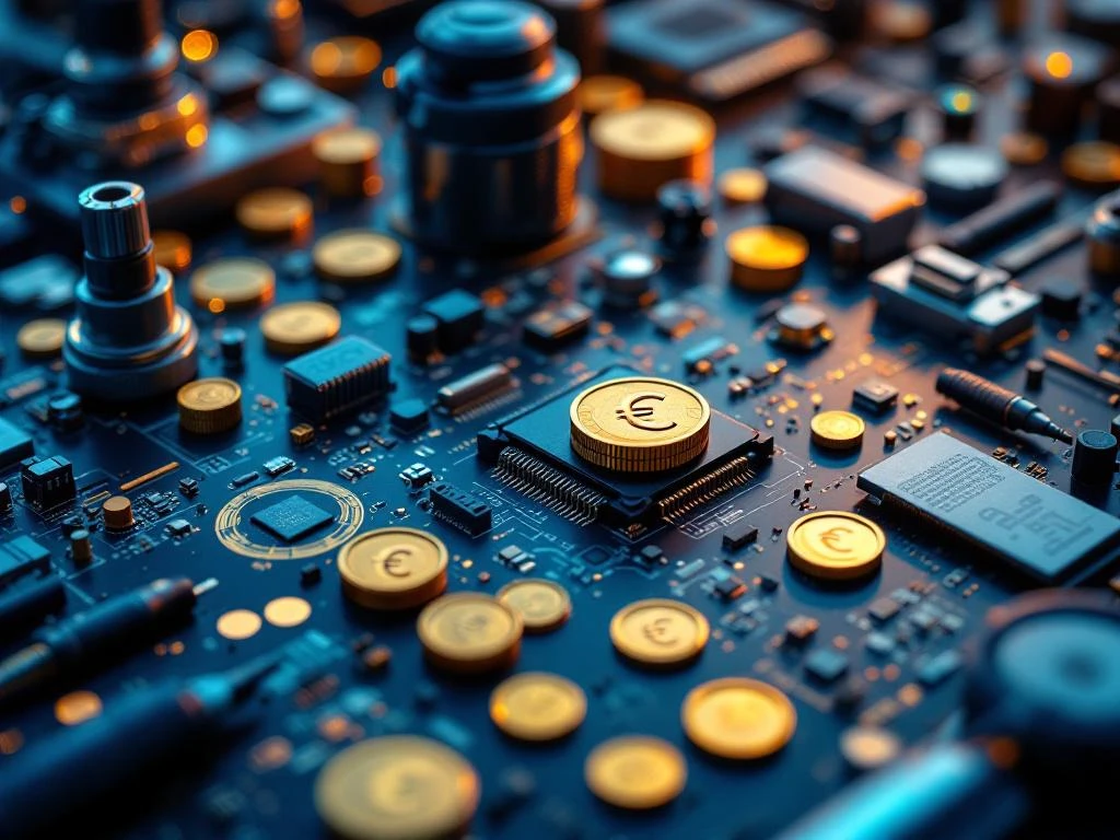 Geavanceerde technische apparatuur en gereedschappen op werkbank met gouden munten, symboliseert lucratieve tech-carrières