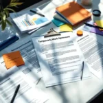 Bovenaanzicht van modern bureau met arbeidscontracten, tijdelijke werkovereenkomsten en kleurrijke notities