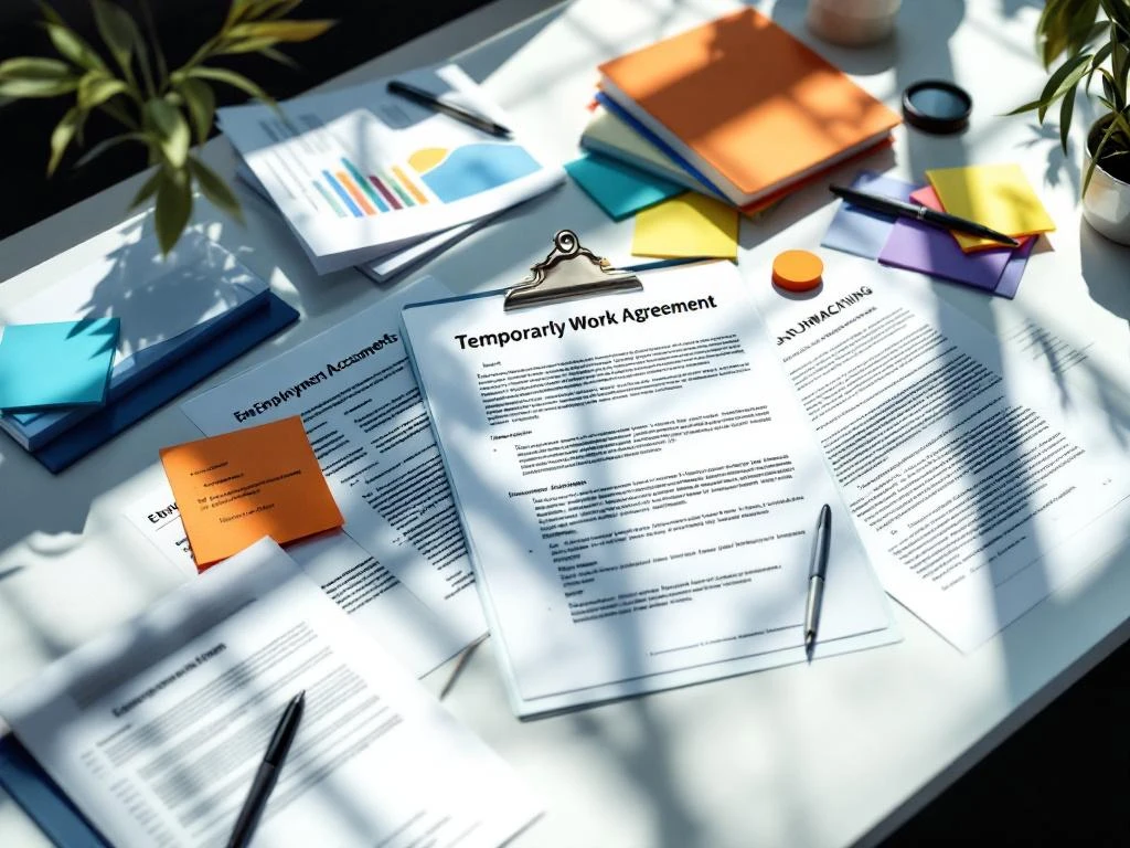Bovenaanzicht van modern bureau met arbeidscontracten, tijdelijke werkovereenkomsten en kleurrijke notities