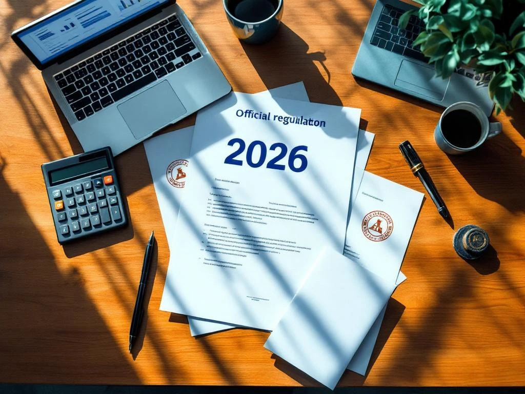 Bovenaanzicht van bureau met Nederlandse regelgevingsdocumenten 2026, calculator, laptop en officiële stempels