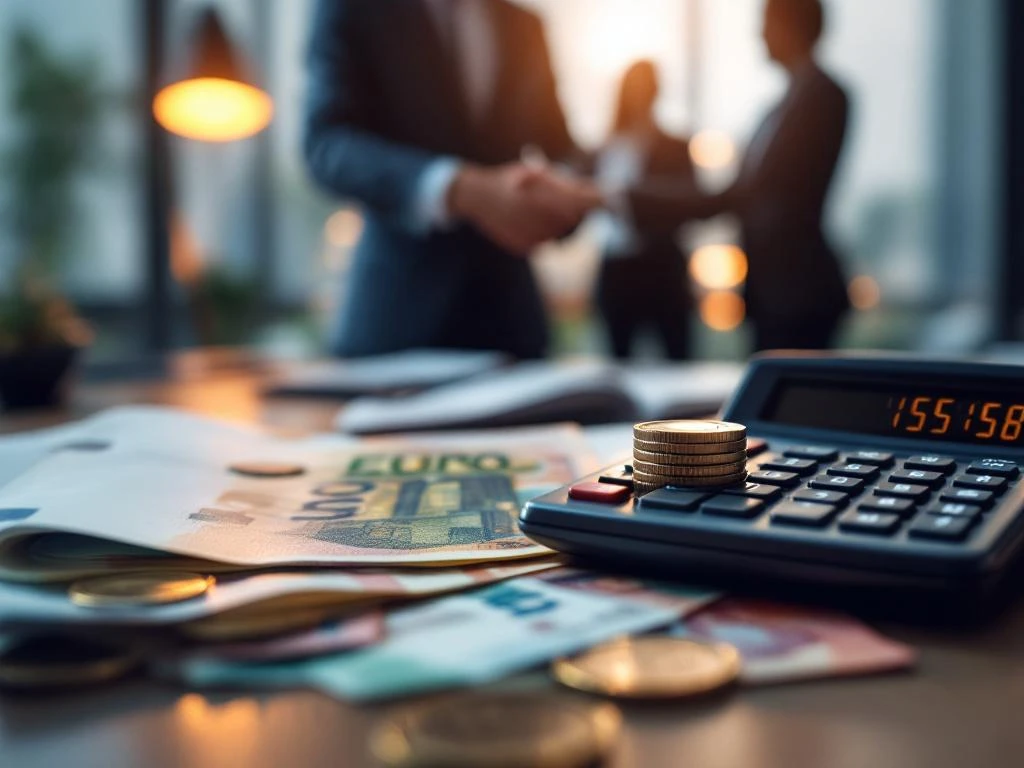 Gestapelde eurobiljetten en munten op bureau met calculator die uurtarieven toont, zakenmensen op achtergrond