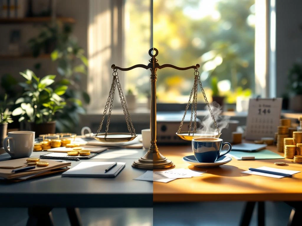 Split-screen vergelijking van 5-daagse rommelige werkplek versus 4-daagse georganiseerde werkruimte met weegschaal