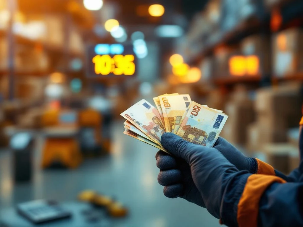 Werkershanden in handschoenen tellen eurobiljetten in magazijn met dozen en logistieke apparatuur op achtergrond