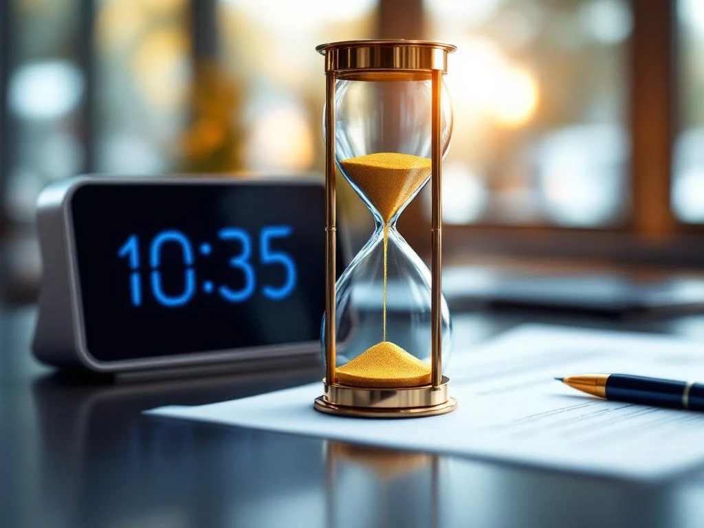 Elegant zandloper met gouden zand naast digitale klok en contract op modern kantoorbureau, tijdmanagement concept