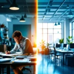 Gesplitst scherm toont overgang van rommelig kantoor naar moderne werkplek via wervingsbureau, symboliseert carrièrekansen