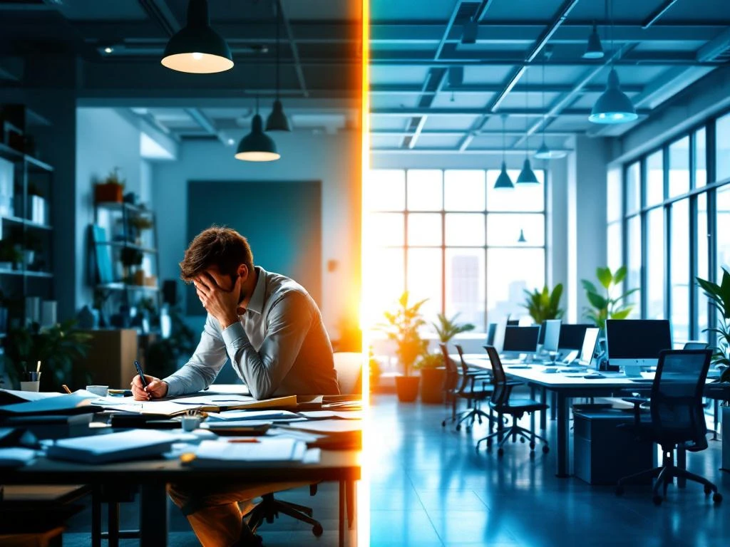 Gesplitst scherm toont overgang van rommelig kantoor naar moderne werkplek via wervingsbureau, symboliseert carrièrekansen