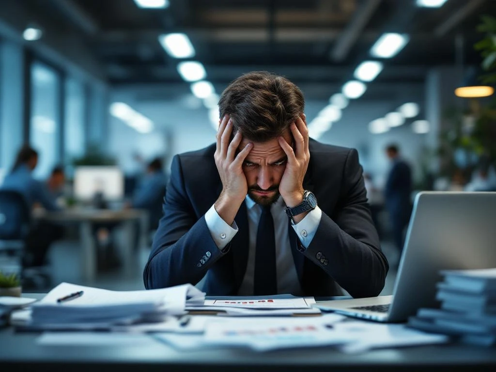 Gestresste zakenman in pak met hoofd in handen aan rommelig bureau met dalende grafieken op laptop in somber kantoor