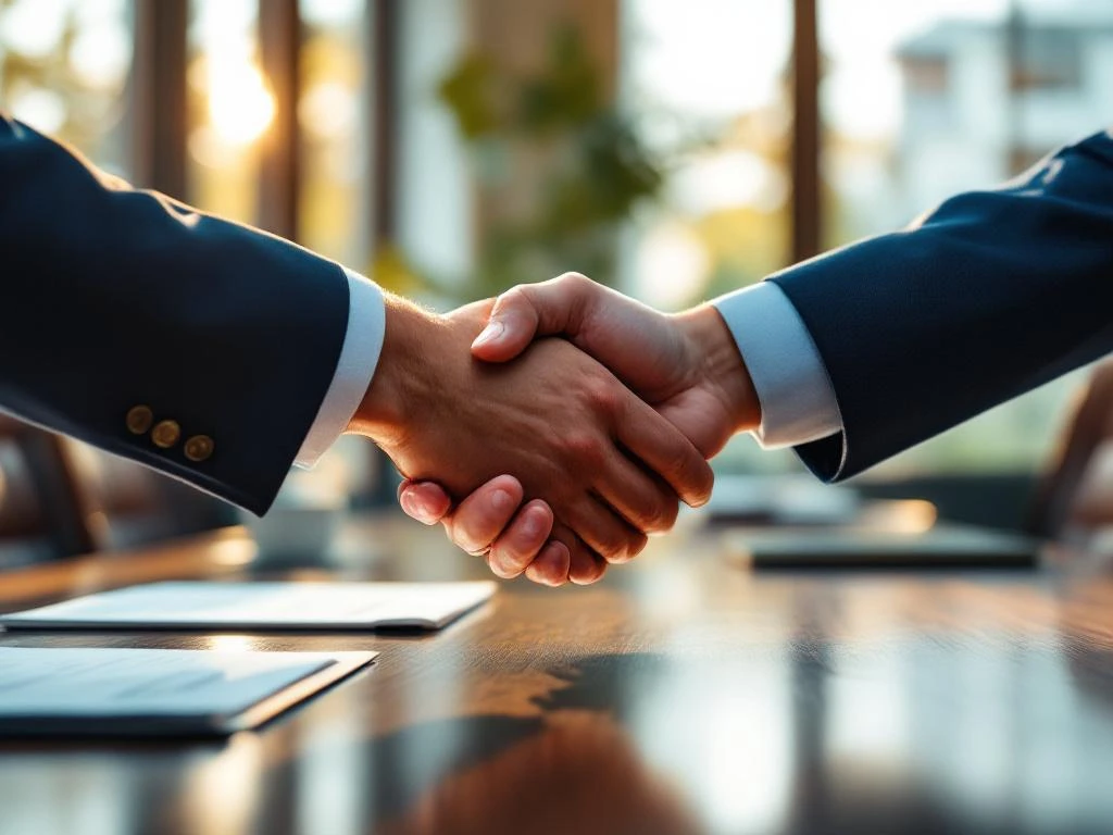 Twee professionele handen schudden elkaar boven een houten vergadertafel in een modern kantoor met warme verlichting.