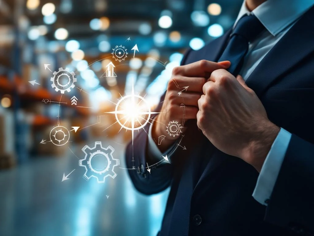 Zakenman past stropdas aan in modern magazijn met logistieke operaties, kompas en tandwielen symboliseren leiderschap