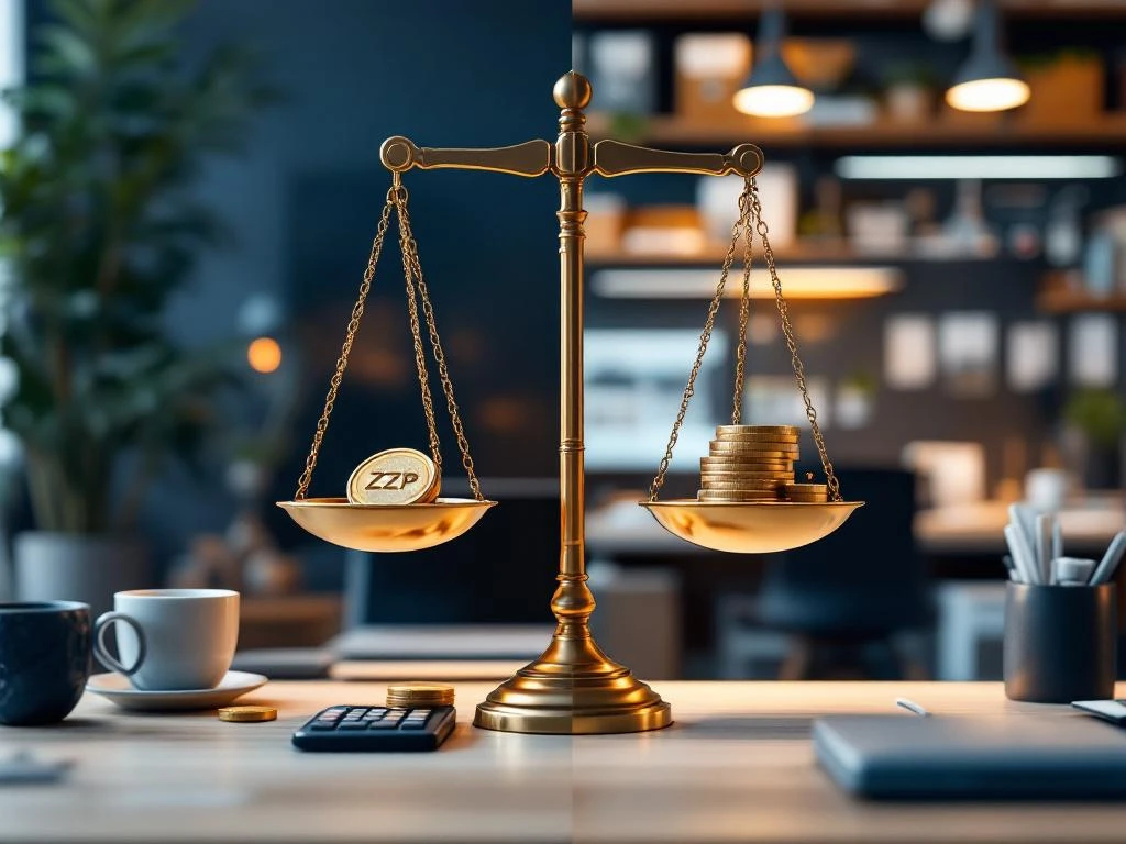 Gouden weegschaal tussen freelancer thuiskantoor en uitzendbureau kantoor, met euro munten voor kostenvergelijking